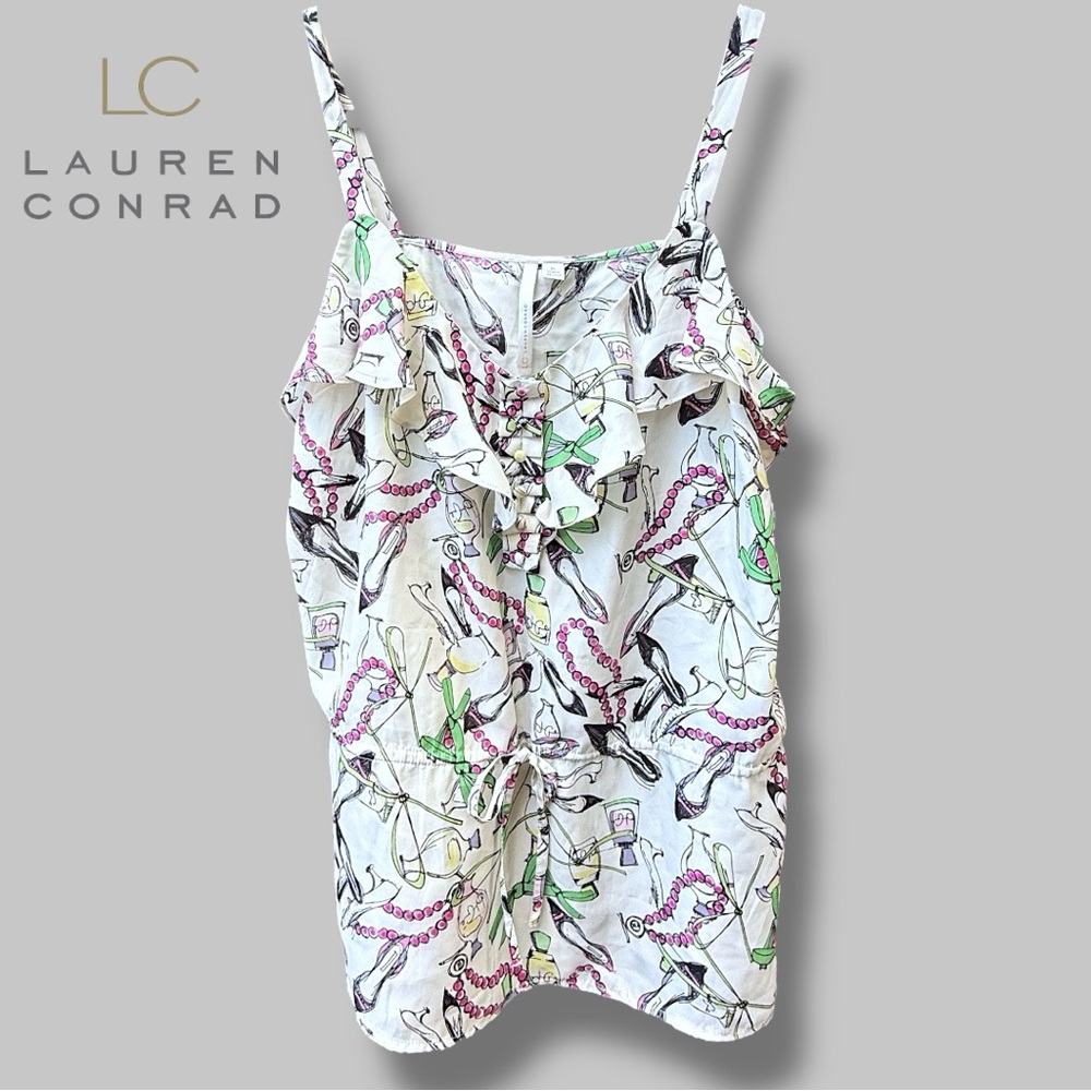 LC Lauren Conrad Tank Top Ruffled Cami w/Novelty Shoe & Makeup Print | Sz XL